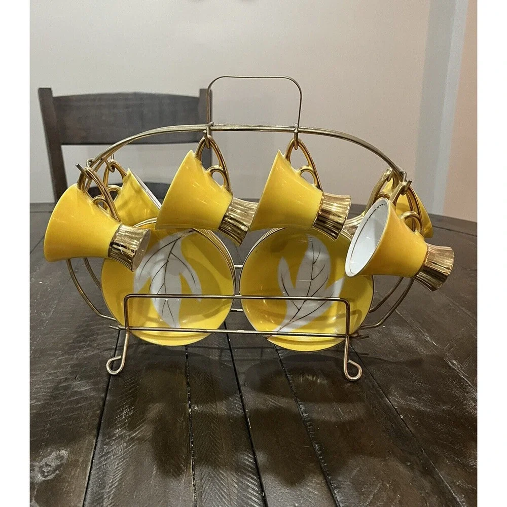 Vintage Napco Tea Set Yellow‎ Gold Rack Leaf Saucer 4ZD-5415 Porcelain Set Of 6